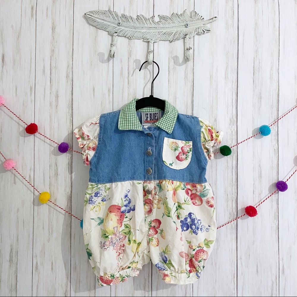 Vintage SF Blues denim fruit romper 6-9 months